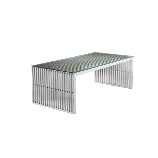 Meza 47 Inch Coffee Table, Glass Top, Waterfall Slatted Panel Frame, Silver By Casagear Home