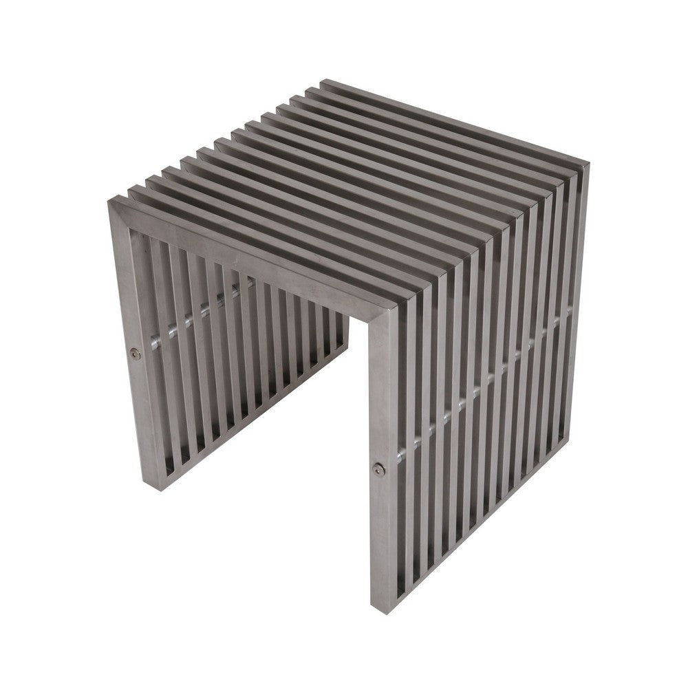 Meza 17 Inch Accent Stool Waterfall Silver Slatted Panel Frame By Casagear Home BM316991