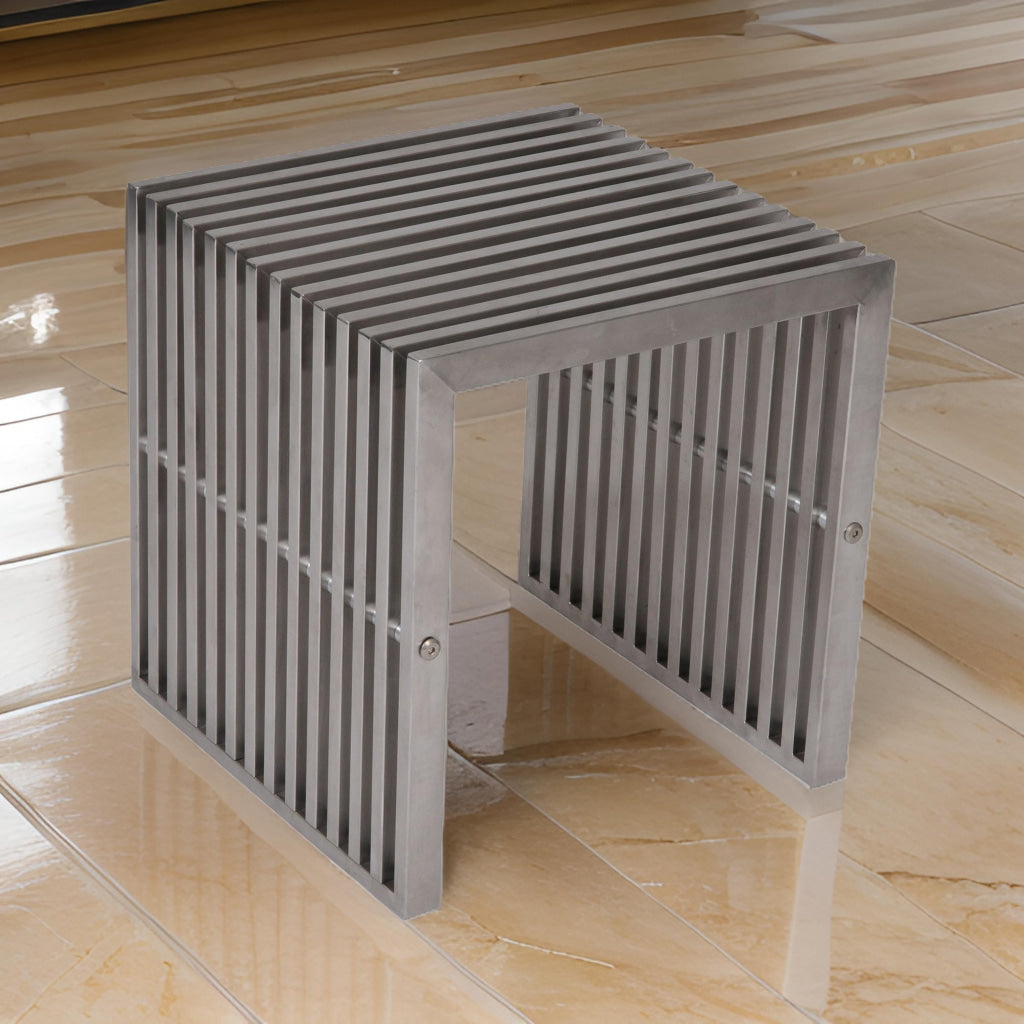 Meza 17 Inch Accent Stool, Waterfall Silver Slatted Panel Frame By Casagear Home