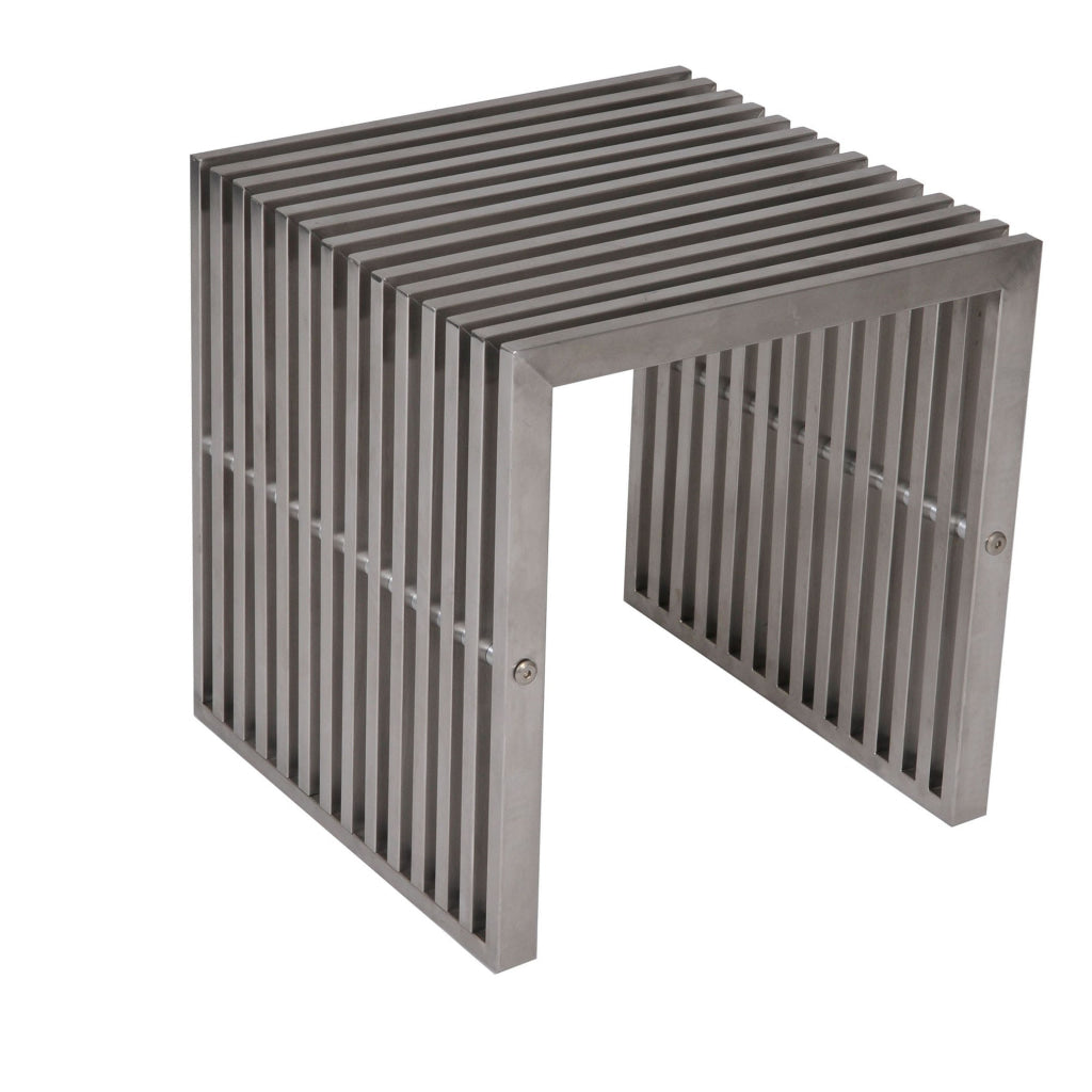 Meza 17 Inch Accent Stool Waterfall Silver Slatted Panel Frame By Casagear Home BM316991