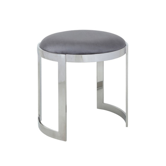 Niyo 19 Inch Accent Stool, Cushioned Gray Velvet Seat, Silver Metal Frame By Casagear Home