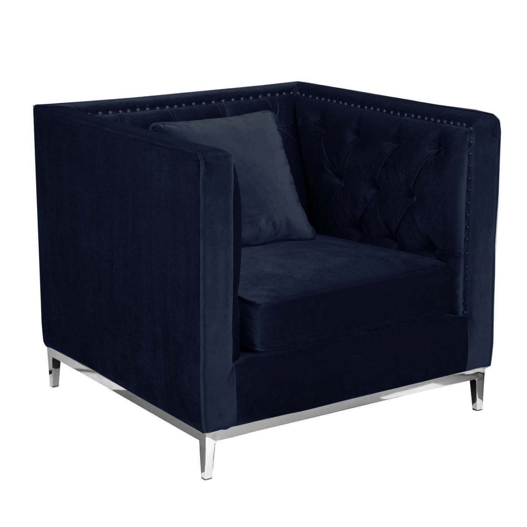 Vien 36 Inch Accent Chair Nailhead Tufted Blue Velvet Upholstery Chrome By Casagear Home BM317004