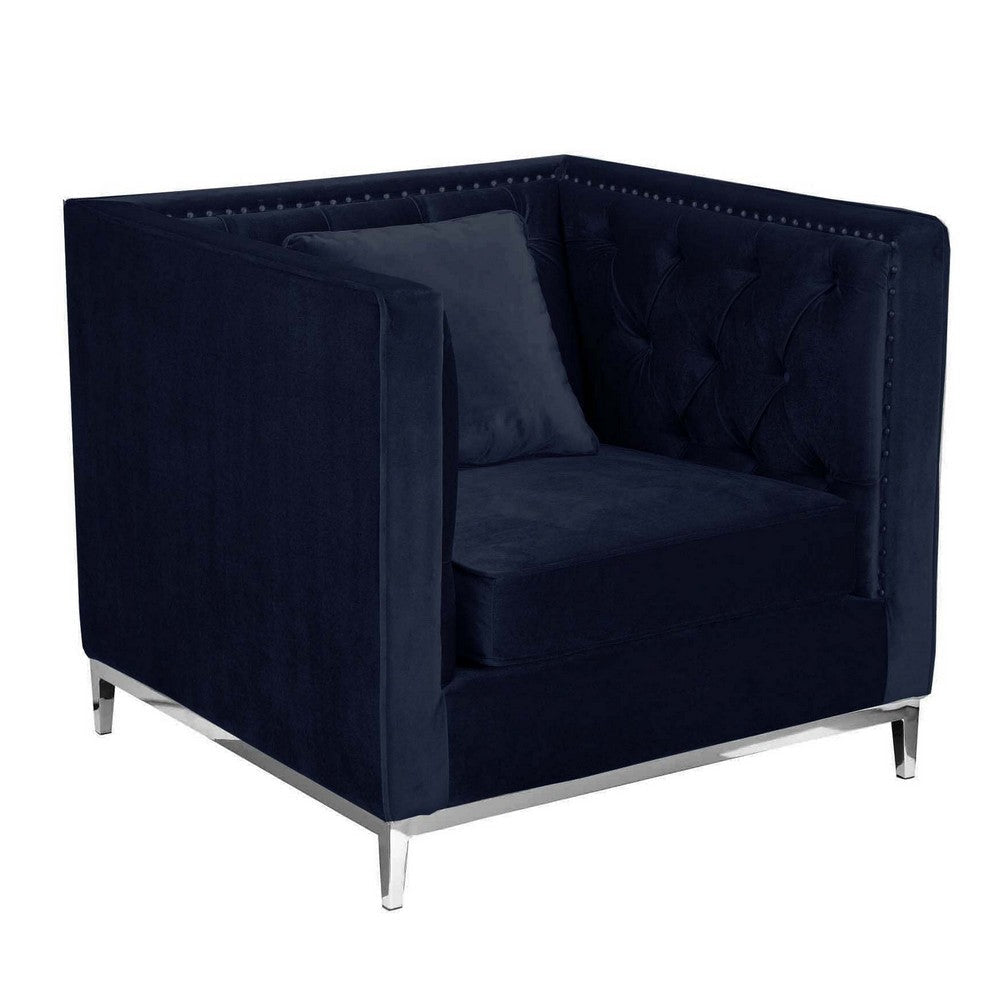 Vien 36 Inch Accent Chair, Nailhead, Tufted Blue Velvet Upholstery, Chrome By Casagear Home