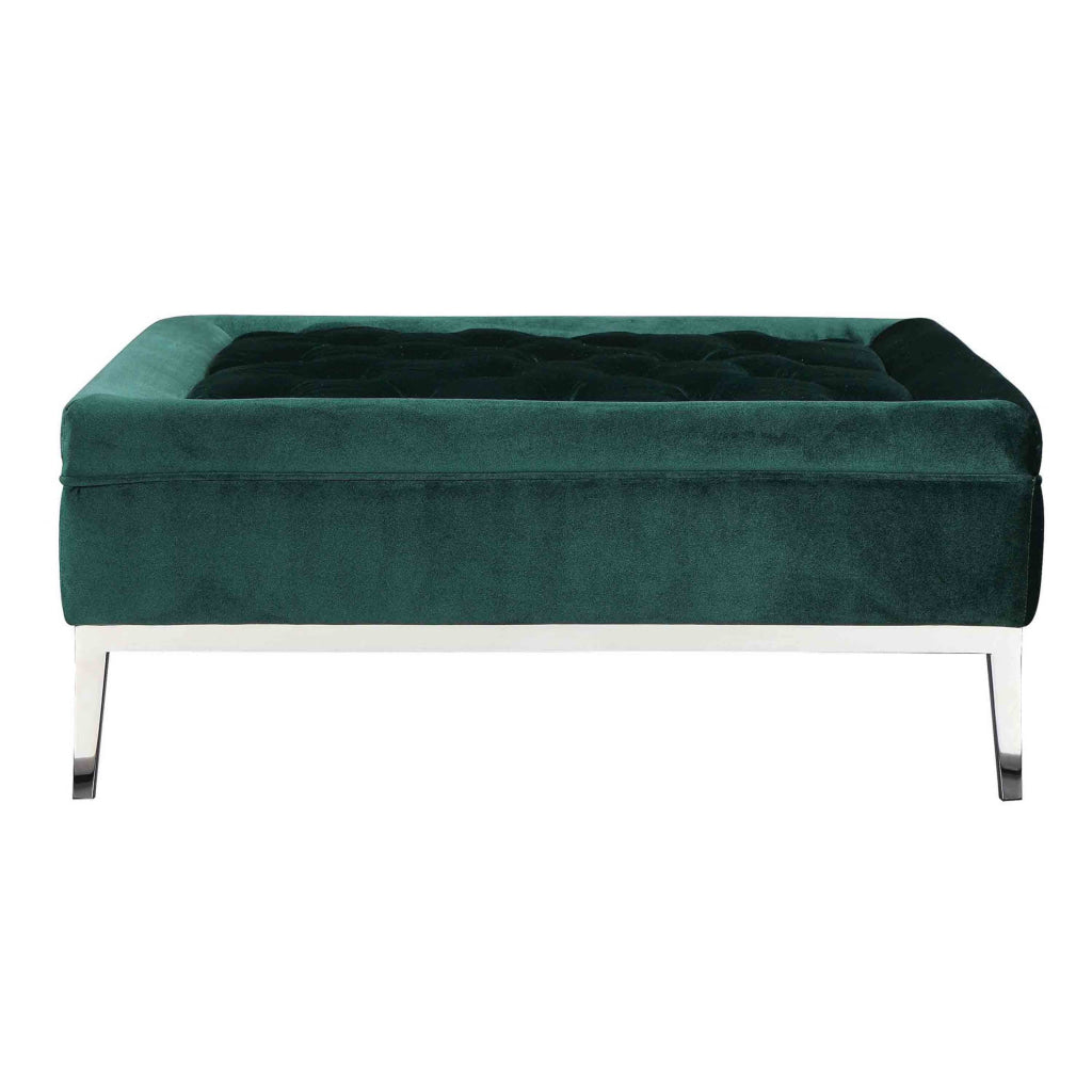 Vien 37 Inch Ottoman Nailhead Trim Square Green Velvet Tufted Chrome By Casagear Home BM317005