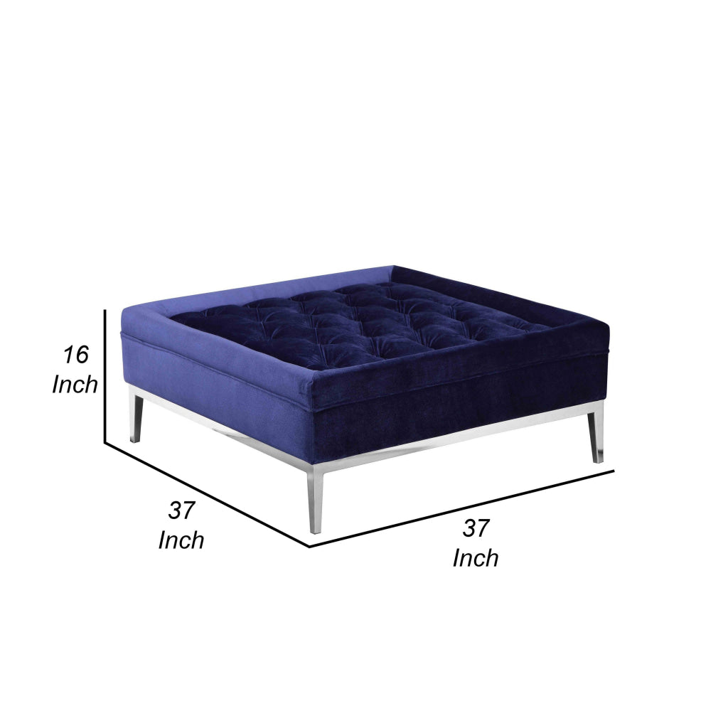 Vien 37 Inch Ottoman Nailhead Trim Square Blue Velvet Tufted Chrome By Casagear Home BM317006