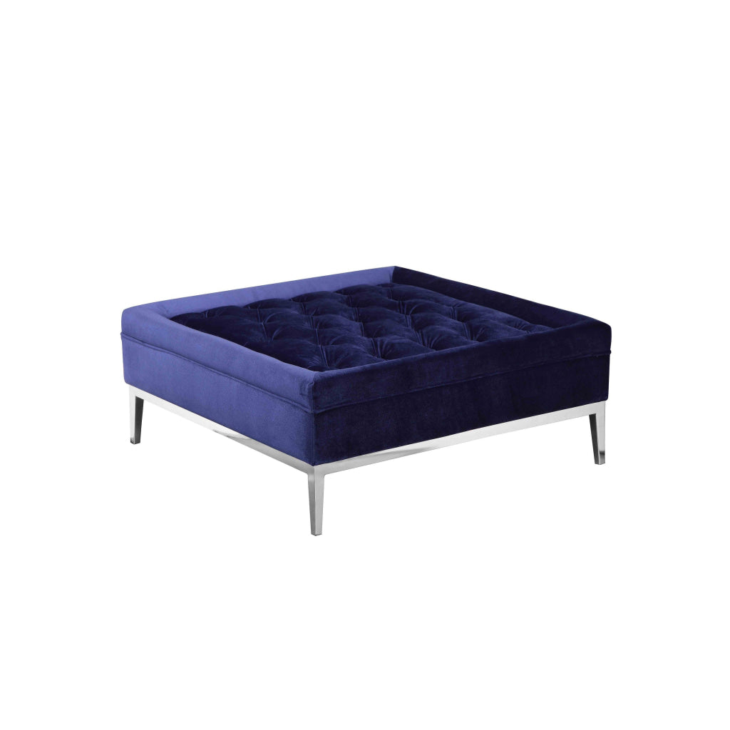 Vien 37 Inch Ottoman Nailhead Trim Square Blue Velvet Tufted Chrome By Casagear Home BM317006