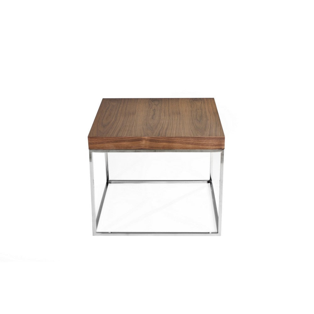 Zen 24 Inch Side End Table Square Brown Wood Top Chrome Steel Frame By Casagear Home BM317008