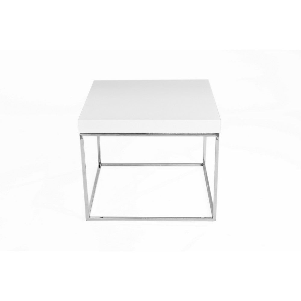 Zen 24 Inch Side End Table Square White Lacquer Top Chrome Steel Frame By Casagear Home BM317010