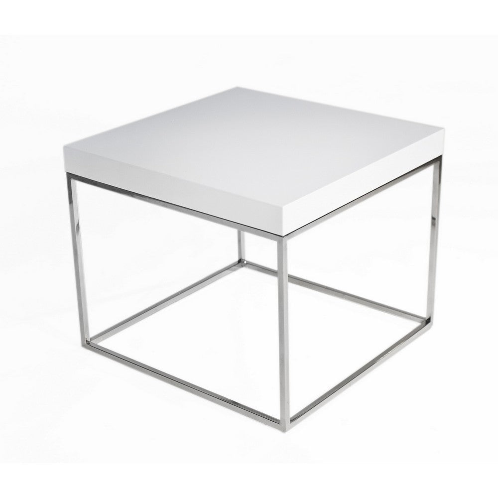 Zen 24 Inch Side End Table Square White Lacquer Top Chrome Steel Frame By Casagear Home BM317010