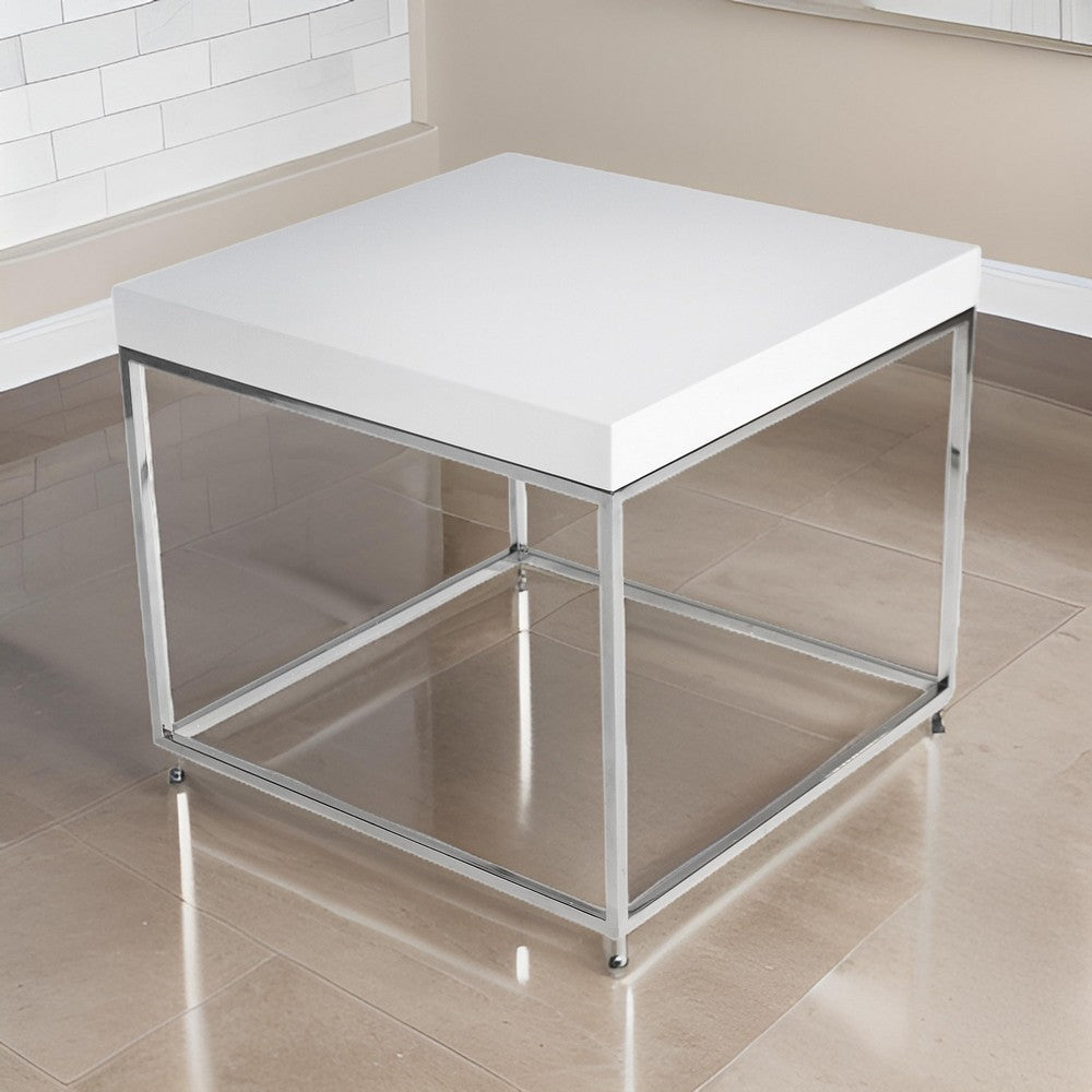 Zen 24 Inch Side End Table, Square, White Lacquer Top, Chrome Steel Frame By Casagear Home