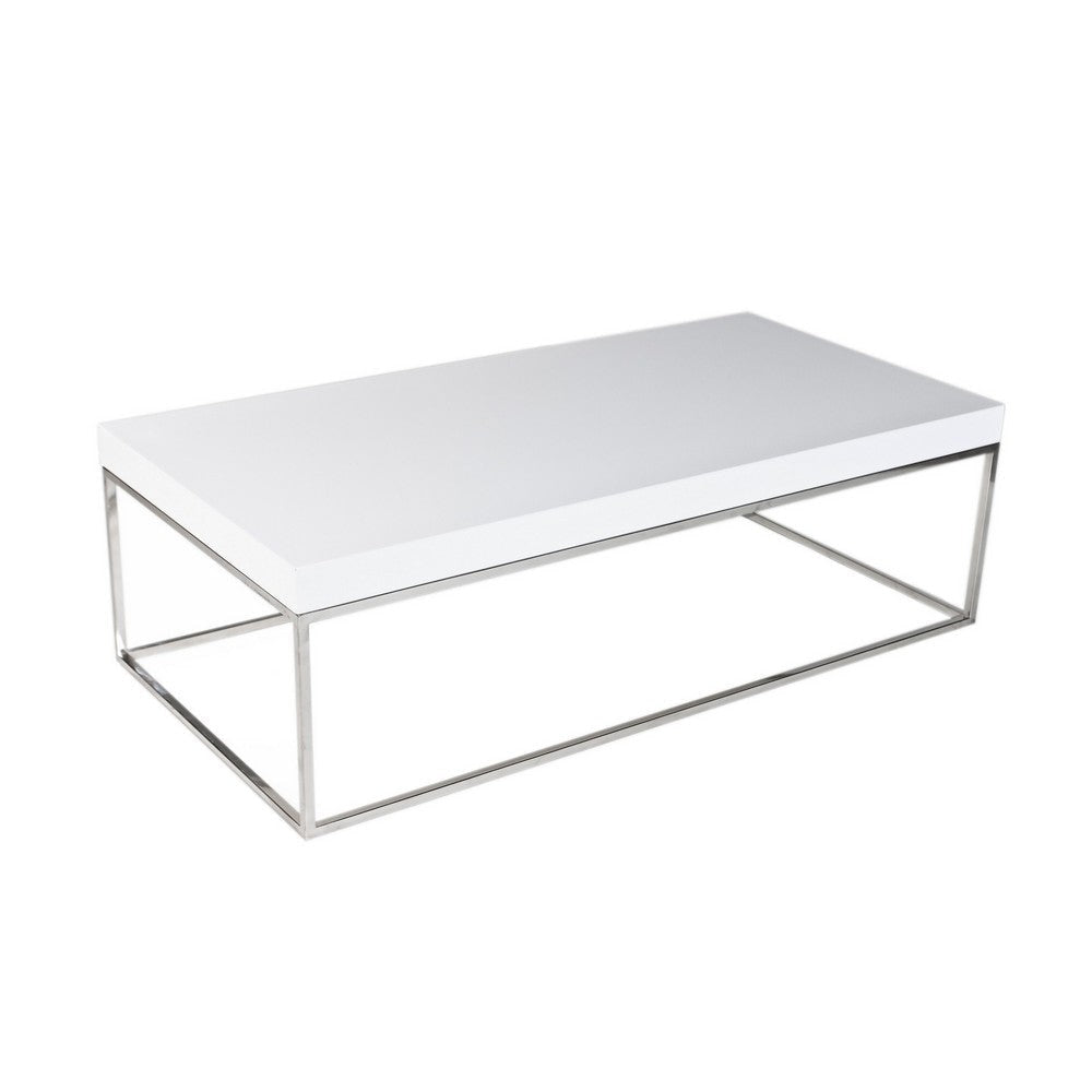 Zen 48 Inch Coffee Table, Rectangular White Lacquer Top, Chrome Steel Frame By Casagear Home