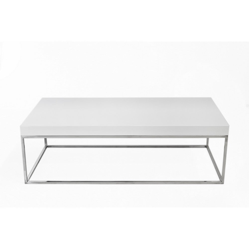 Zen 48 Inch Coffee Table Rectangular White Lacquer Top Chrome Steel Frame By Casagear Home BM317011