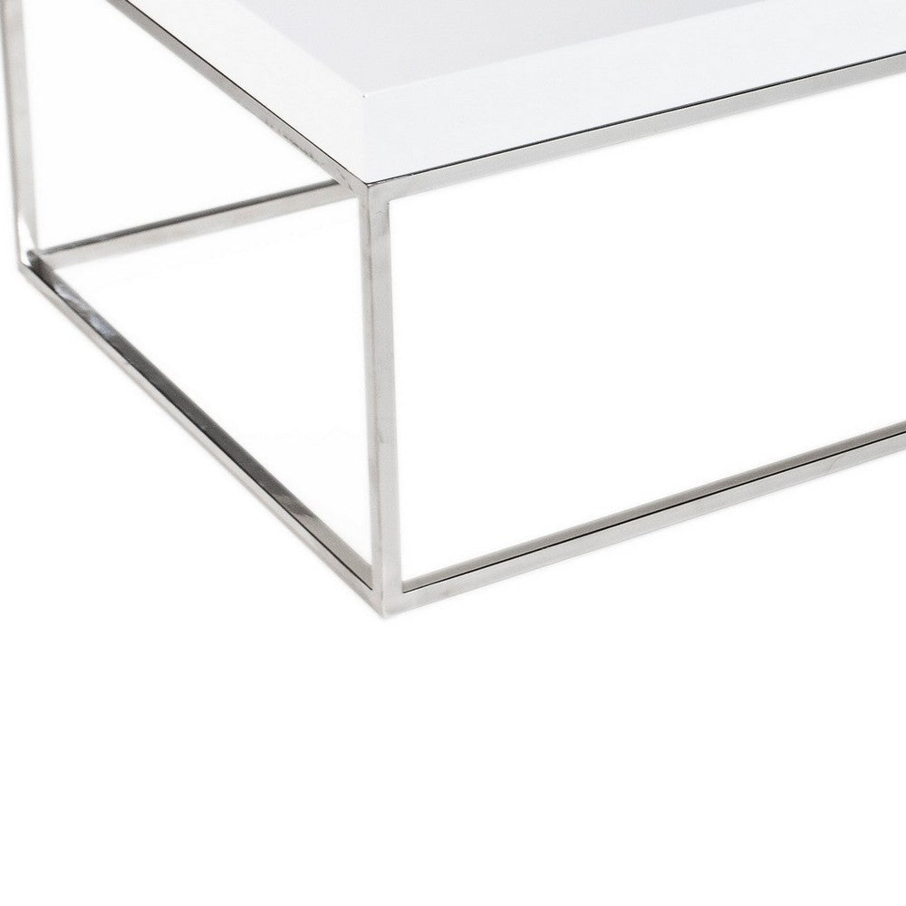 Zen 48 Inch Coffee Table Rectangular White Lacquer Top Chrome Steel Frame By Casagear Home BM317011