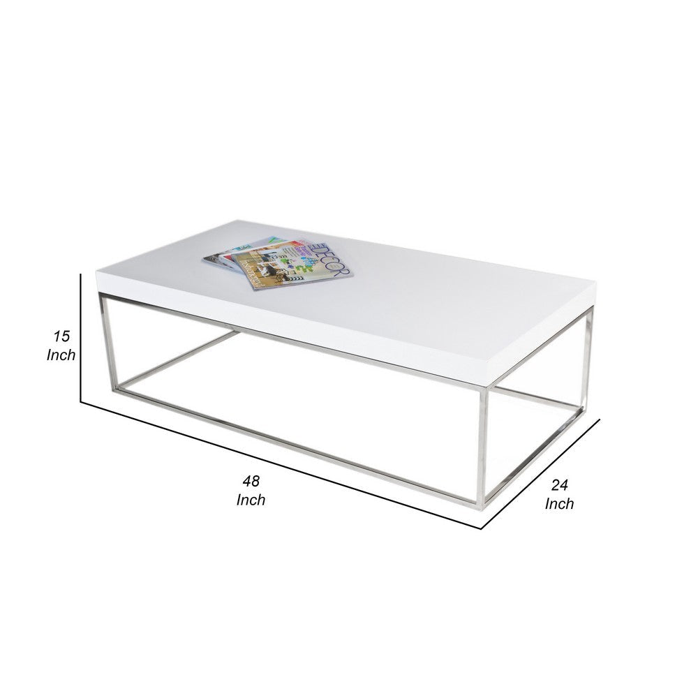 Zen 48 Inch Coffee Table Rectangular White Lacquer Top Chrome Steel Frame By Casagear Home BM317011