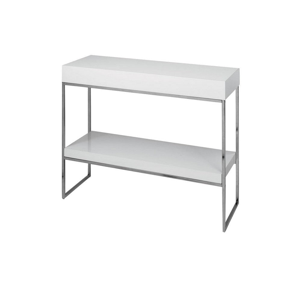 Zen 39 Inch Console Table 2 Tier Rectangular White Lacquer Chrome Steel By Casagear Home BM317014