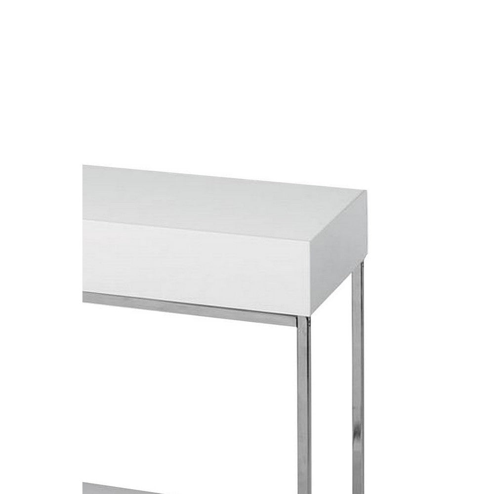 Zen 39 Inch Console Table 2 Tier Rectangular White Lacquer Chrome Steel By Casagear Home BM317014