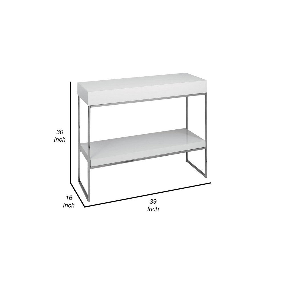 Zen 39 Inch Console Table 2 Tier Rectangular White Lacquer Chrome Steel By Casagear Home BM317014