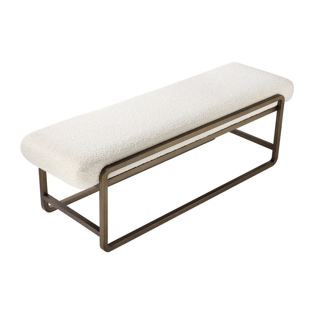 Loer 54 Inch Modern Accent Bench Ivory Boucle Upholstery Sled Brass Legs By Casagear Home BM317022