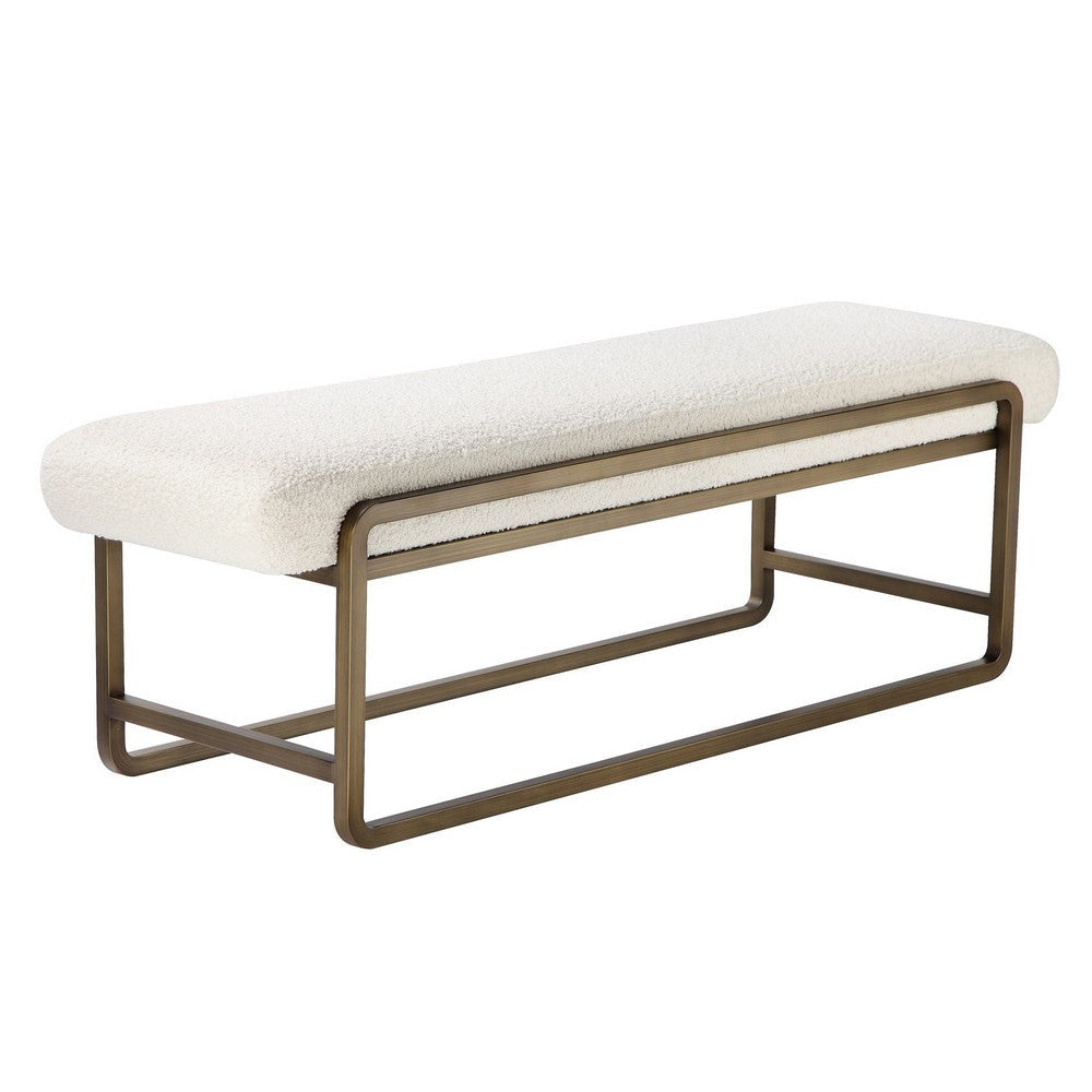 Loer 54 Inch Modern Accent Bench, Ivory Boucle Upholstery, Sled Brass Legs By Casagear Home