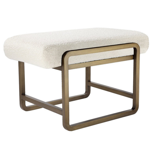 Loer 18 Inch Modern Accent Stool, Ivory Boucle Upholstery, Sled Brass Legs By Casagear Home