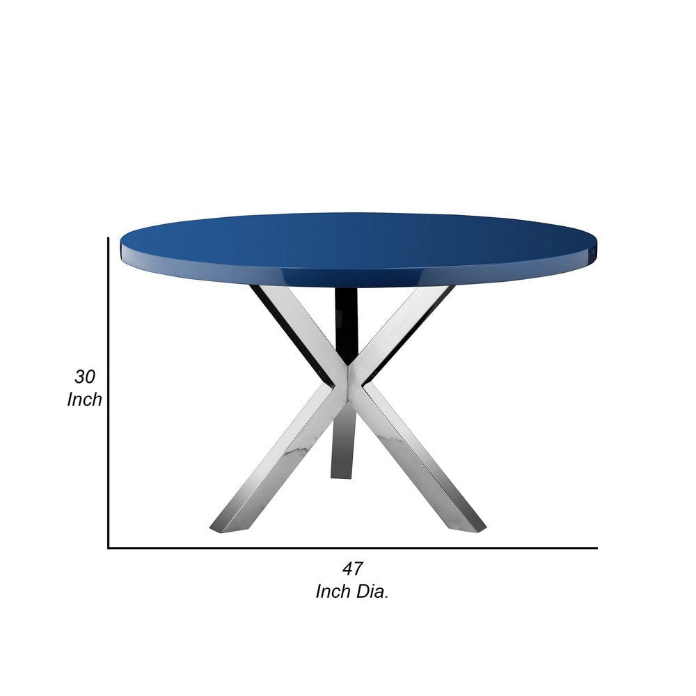 Emi 47 Inch Dining Table Oval Top X Shaped Metal Frame Navy Blue Finish By Casagear Home BM317028