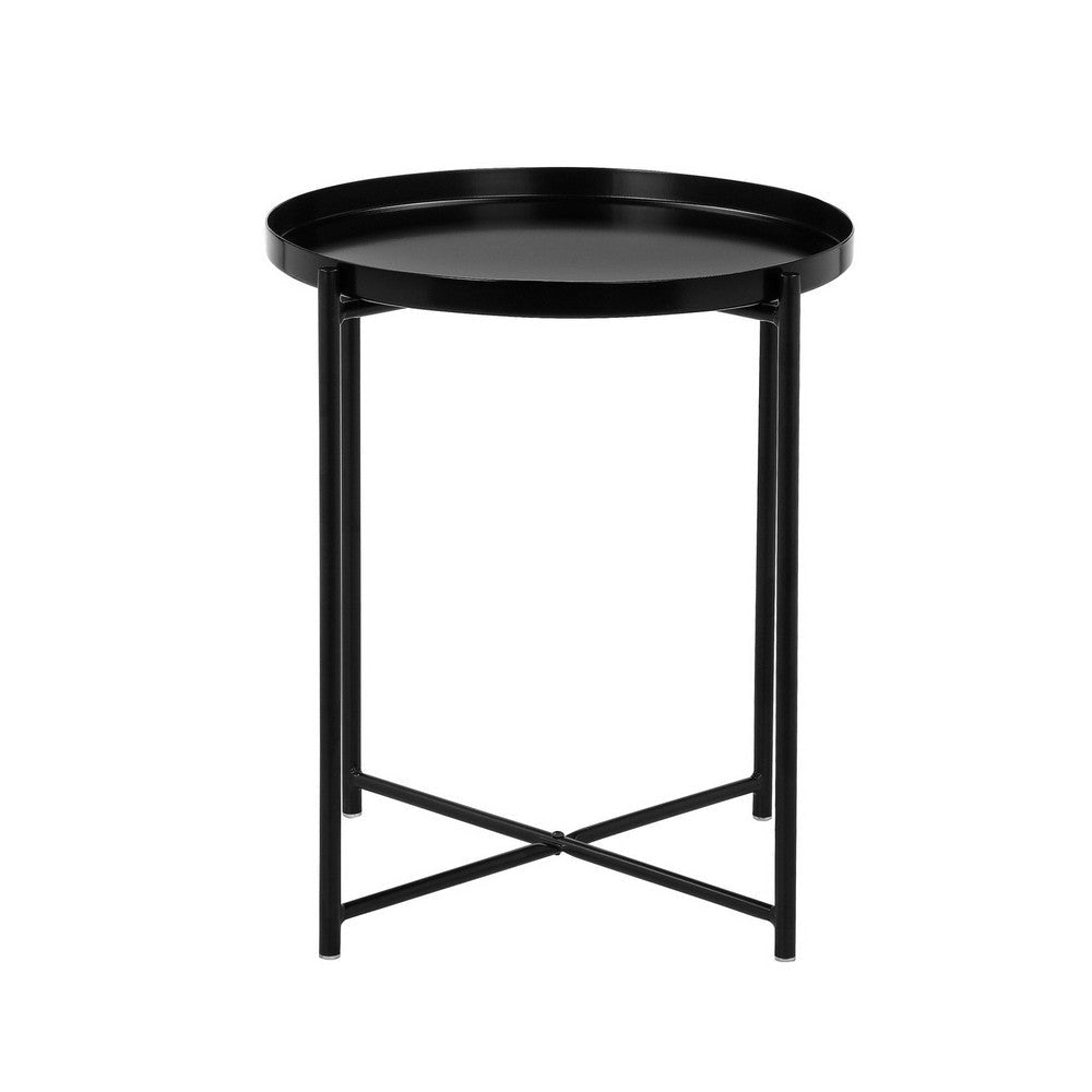 Ely 21 Inch Side End Table Black Round Tray Top Modern Open Metal Frame By Casagear Home BM317031