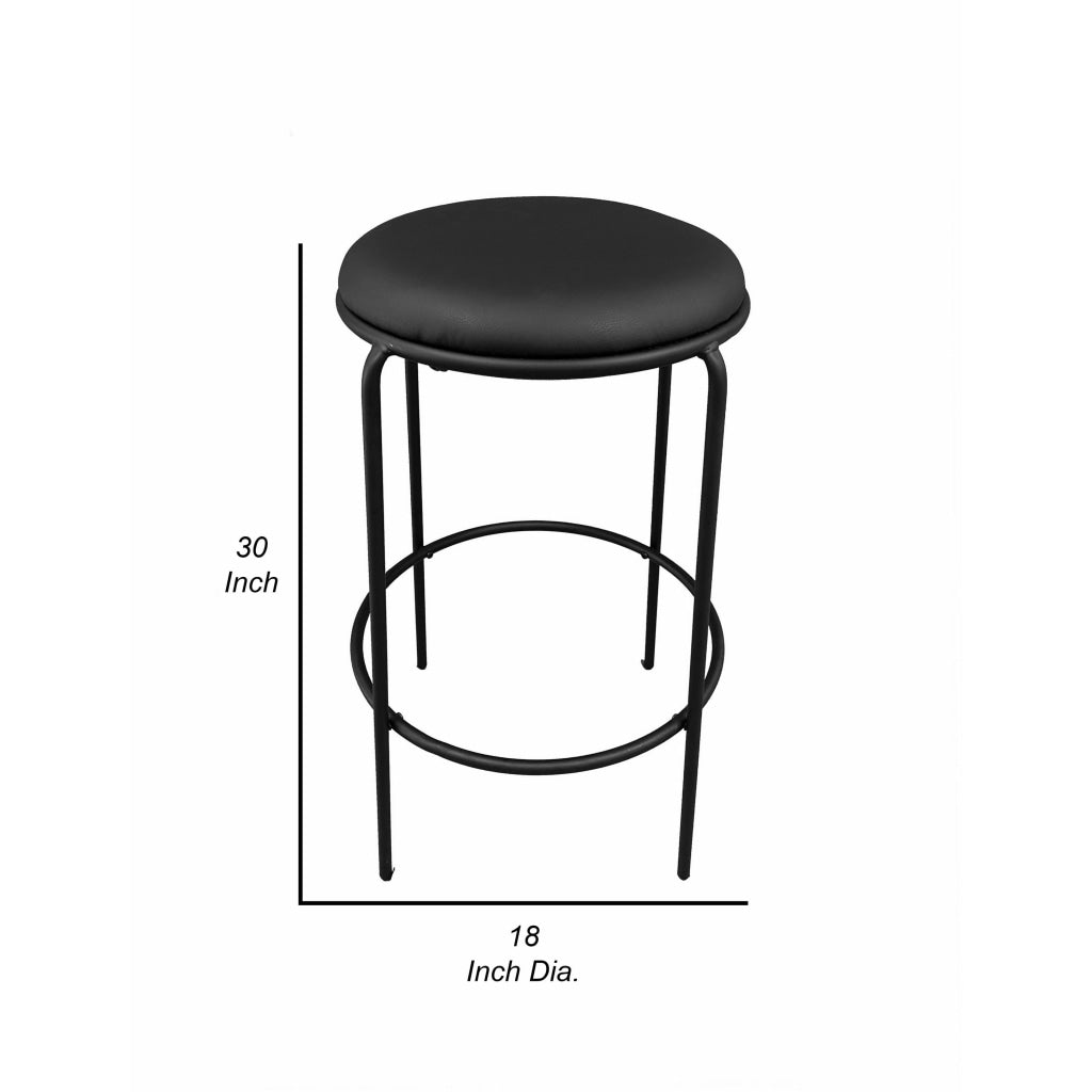 Neni 30 Inch Barstool Set of 2 Round Cushioned Seat Black Faux Leather By Casagear Home BM317038