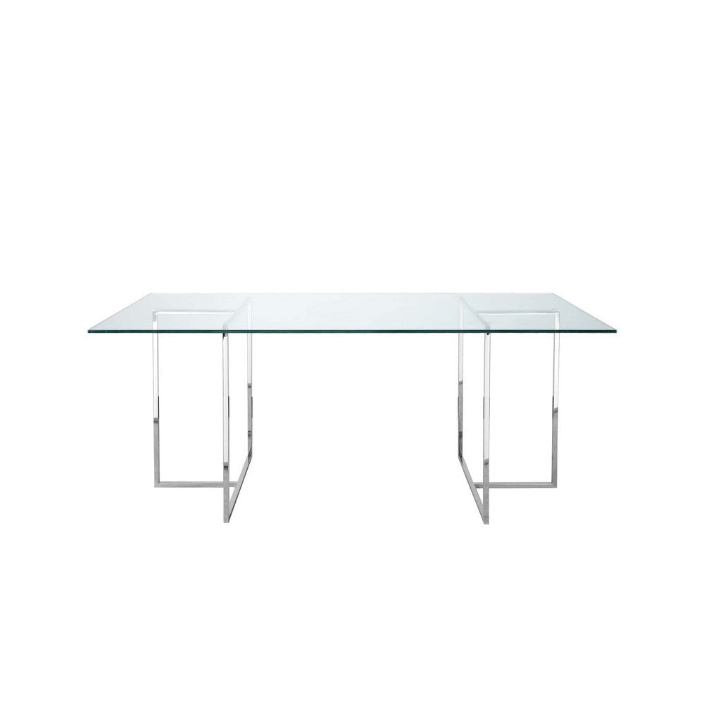 Nisa 71 Inch Dining Table Tempered Glass Rectangular Top Chrome Metal By Casagear Home BM317042