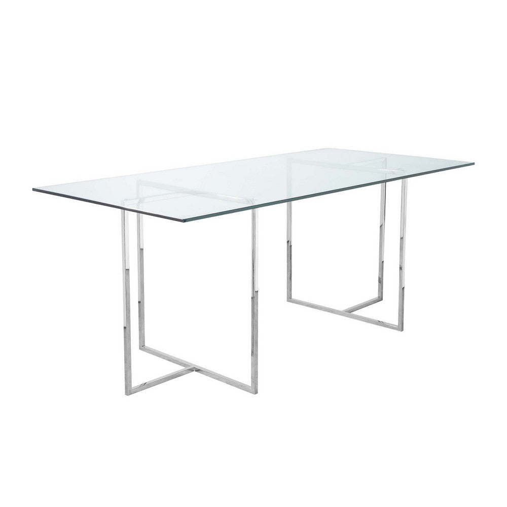 Nisa 71 Inch Dining Table, Tempered Glass Rectangular Top, Chrome Metal By Casagear Home