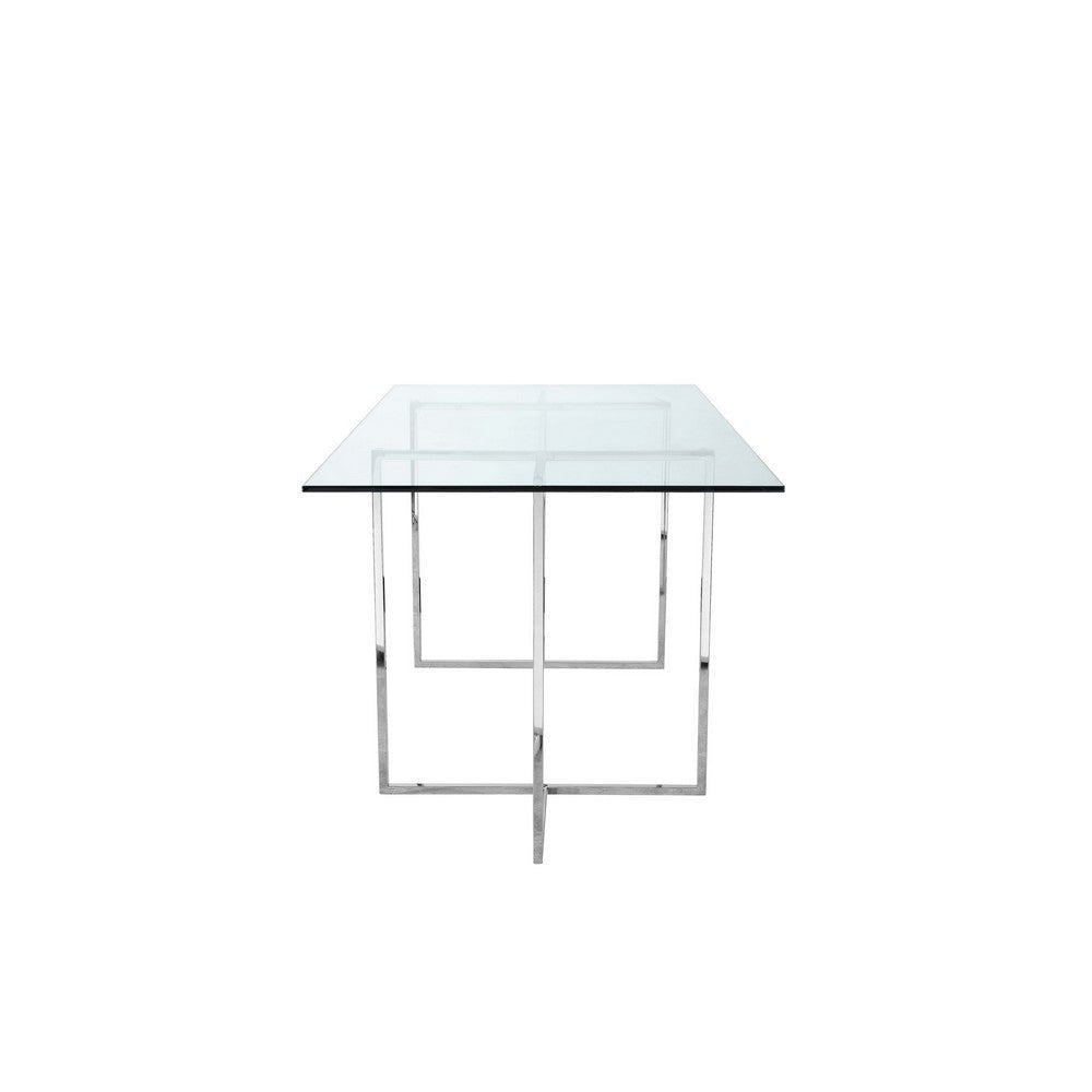 Nisa 71 Inch Dining Table Tempered Glass Rectangular Top Chrome Metal By Casagear Home BM317042