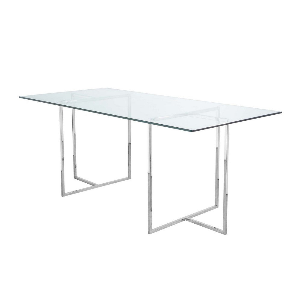 Nisa 71 Inch Dining Table Tempered Glass Rectangular Top Chrome Metal By Casagear Home BM317042