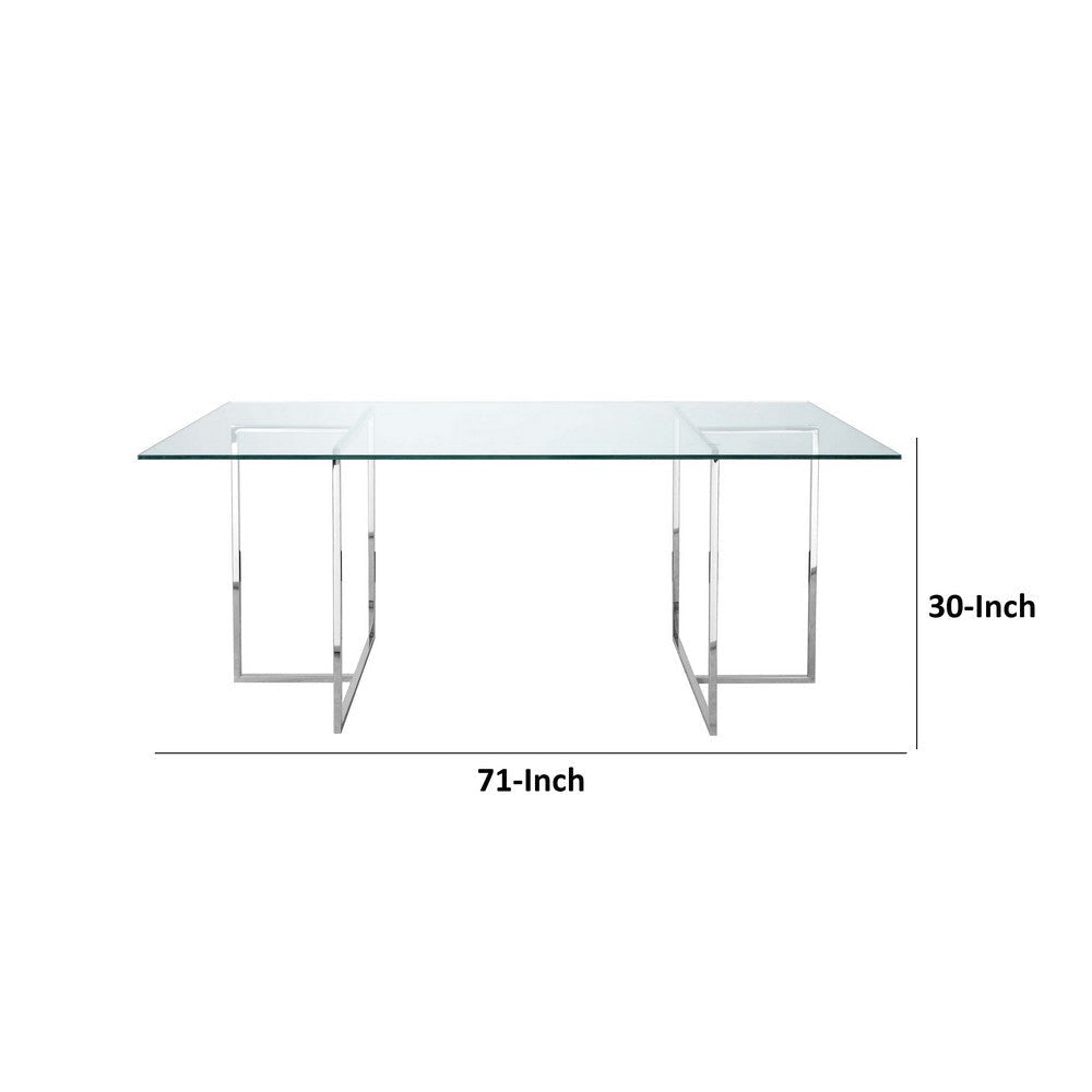 Nisa 71 Inch Dining Table Tempered Glass Rectangular Top Chrome Metal By Casagear Home BM317042