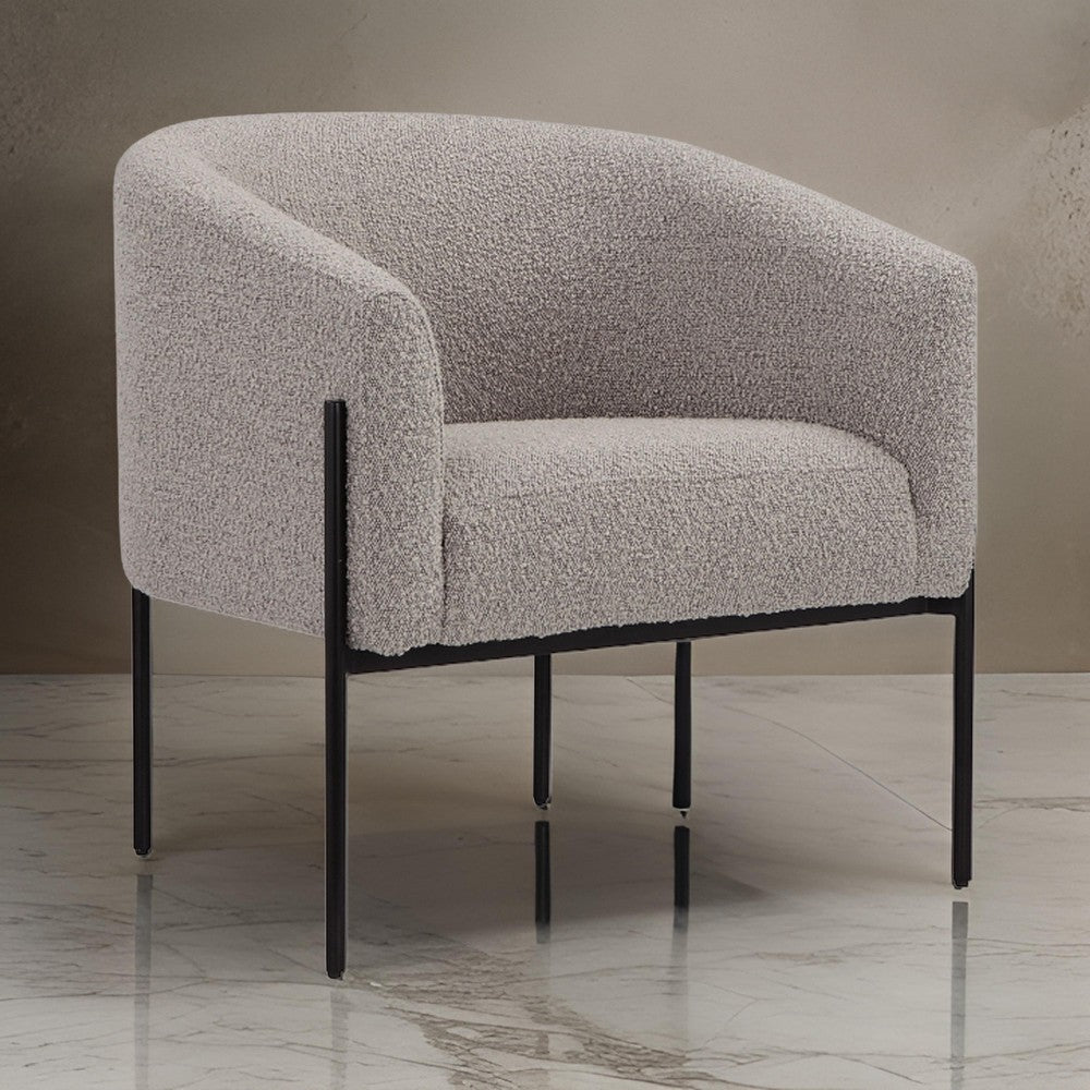 Mae 29 Inch Accent Armchair, Barrel, Gray Boucle Upholstery, Black Metal By Casagear Home