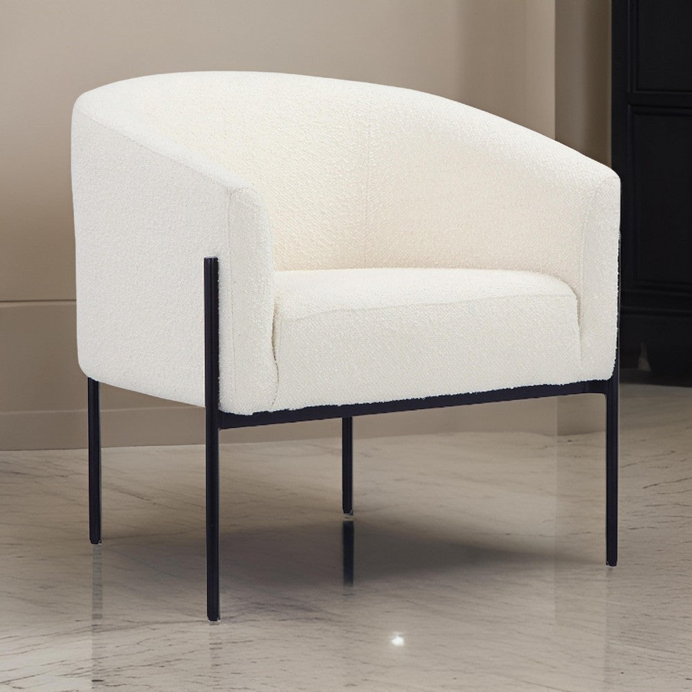 Mae 29 Inch Accent Armchair, Barrel, White Boucle Upholstery, Black Metal By Casagear Home