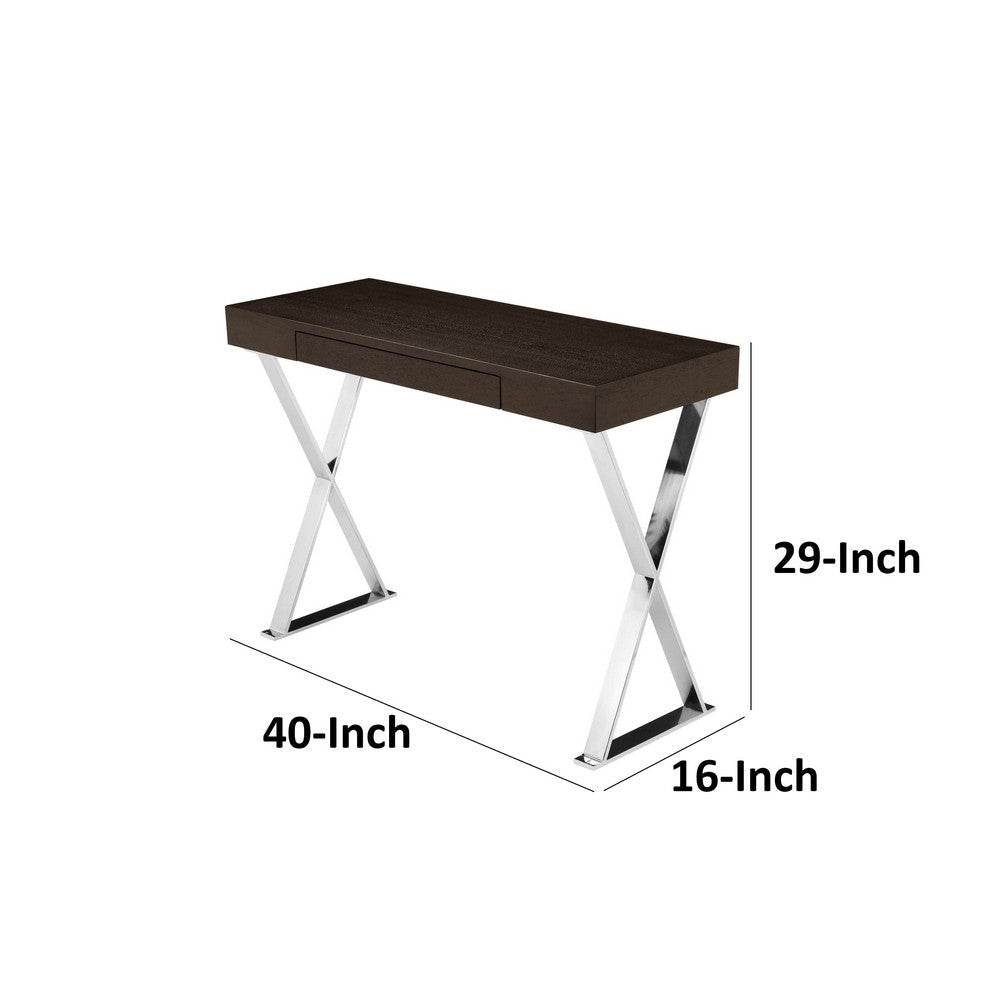 Rix 40 Inch Console Table Drawer Crossed Legs Chrome Steel Brown Wood By Casagear Home BM317049