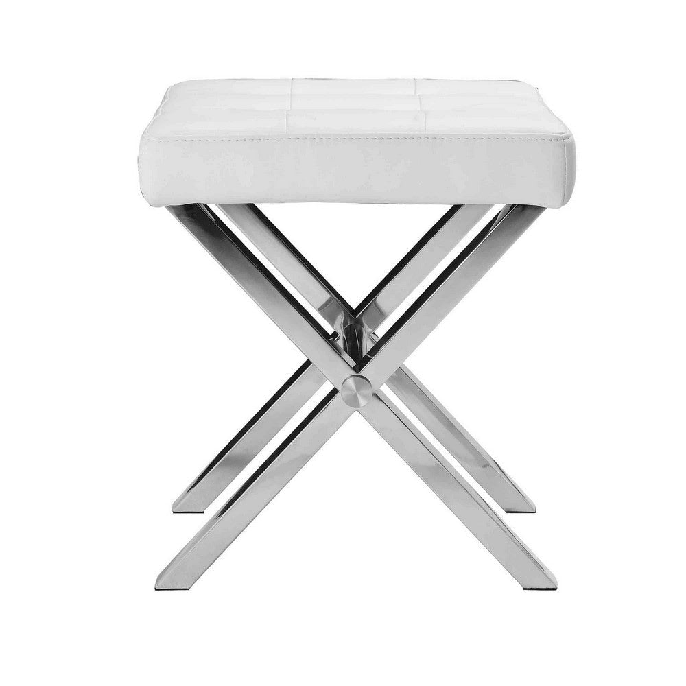 Tia 18 Inch Accent Stool Ottoman White Faux Leather Top Chrome Steel Legs By Casagear Home BM317050