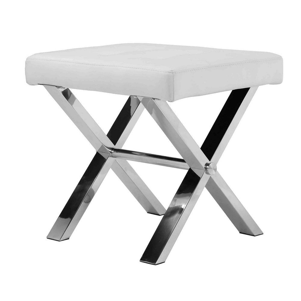 Tia 18 Inch Accent Stool Ottoman, White Faux Leather Top, Chrome Steel Legs By Casagear Home