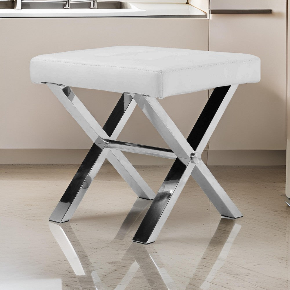 Tia 18 Inch Accent Stool Ottoman White Faux Leather Top Chrome Steel Legs By Casagear Home BM317050