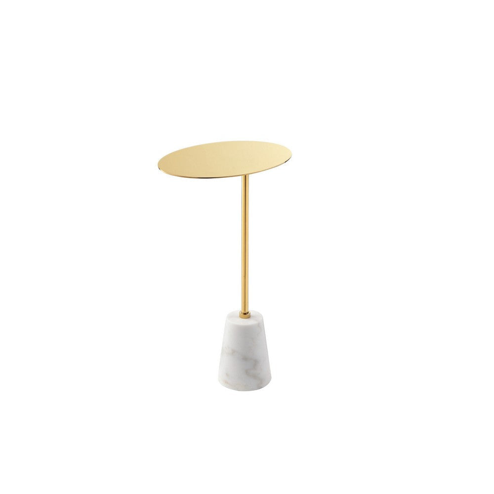 Frank 12 Inch Drink Side End Table Gold Top White Marble Solid Cone Base By Casagear Home BM317058