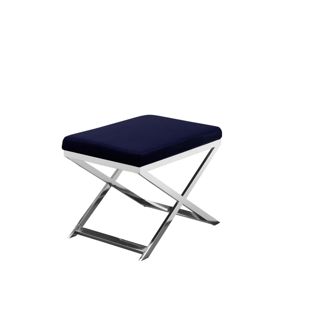 Sovi 20 Inch Accent Stool Ottoman X Shape Steel Legs Navy Blue Velvet By Casagear Home BM317064