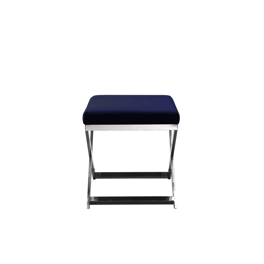 Sovi 20 Inch Accent Stool Ottoman X Shape Steel Legs Navy Blue Velvet By Casagear Home BM317064