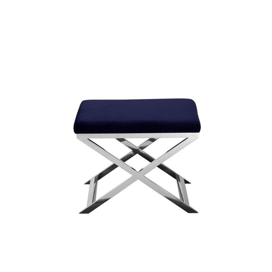 Sovi 20 Inch Accent Stool Ottoman, X Shape Steel Legs, Navy Blue Velvet By Casagear Home