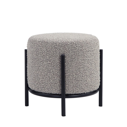 Aop 13 Inch Boucle Ottoman Stool, Round Cushioned Seat, Gray Boucle, Black By Casagear Home