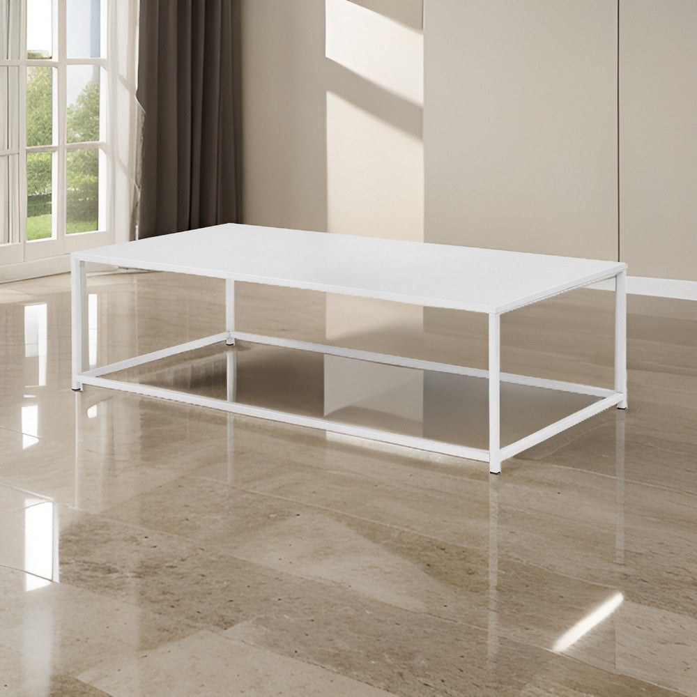 Eme 48 Inch Coffee Table Rectangular Tabletop Modern White Metal Frame By Casagear Home BM317077