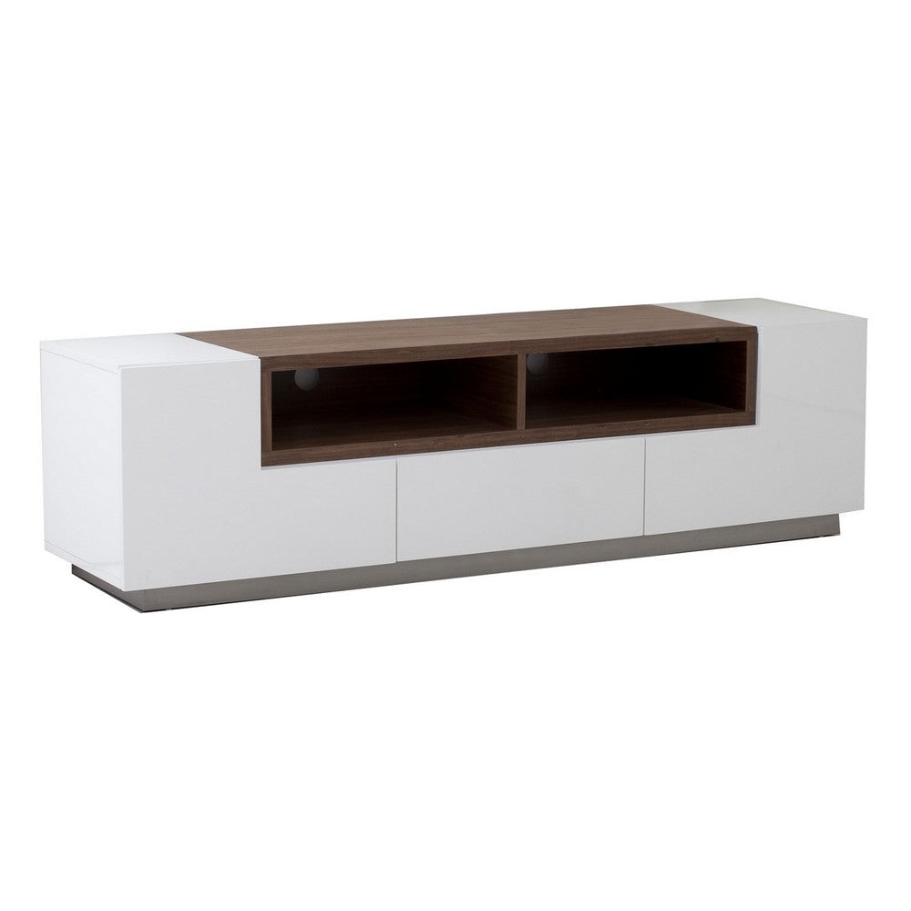 Fila 71 Inch TV Media Console, 3 Pull Out Drawers Open Center, White, Brown By Casagear Home