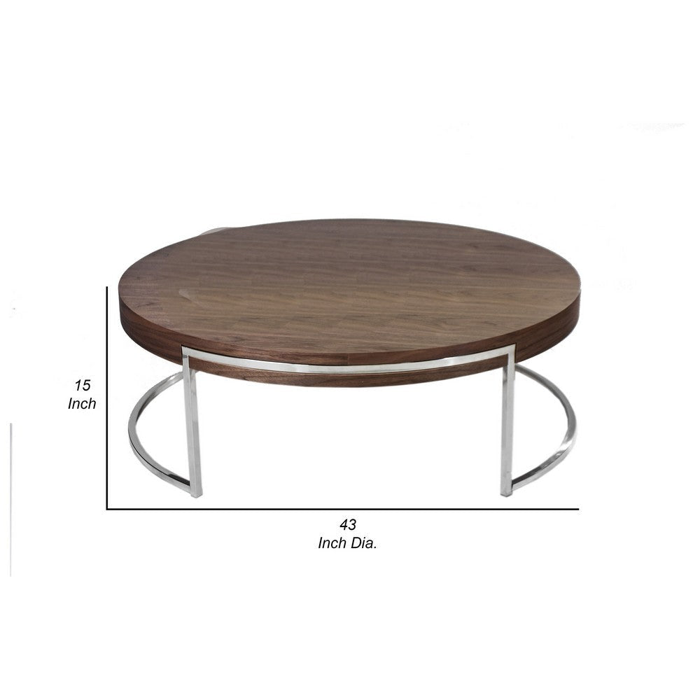 Dami 43 Inch Coffee Table Round Top Open Metal Frame Walnut Brown Finish By Casagear Home BM317085