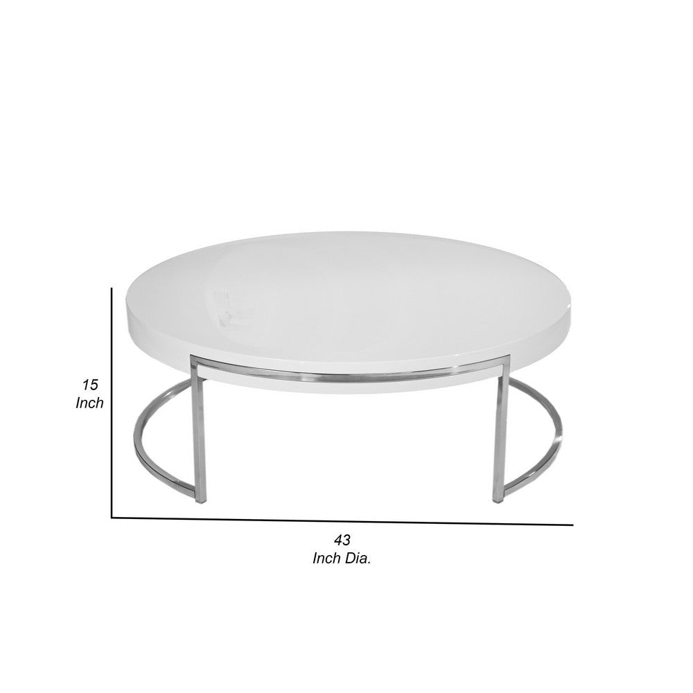 Dami 43 Inch Coffee Table Round Top Open Metal Frame White Finish By Casagear Home BM317086