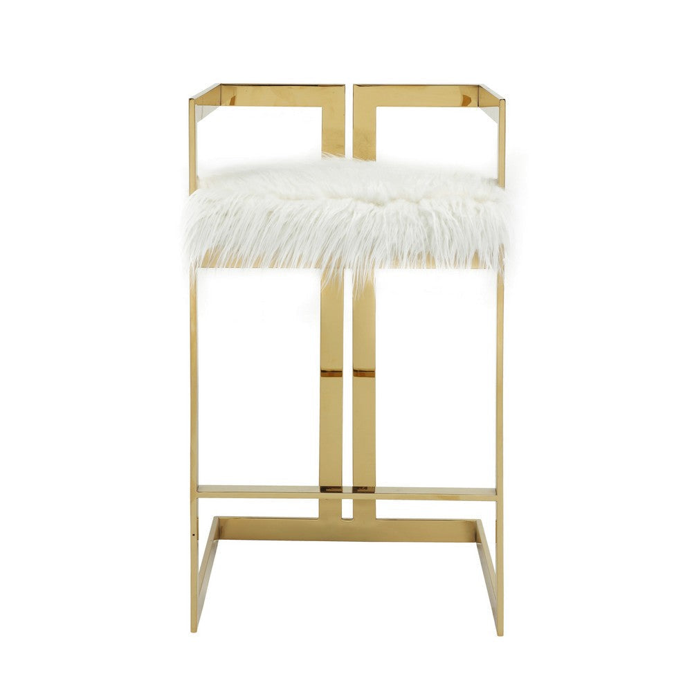 Suki 30 Inch Barstool Chair White Faux Fur Seat Stainless Steel Gold By Casagear Home BM317094