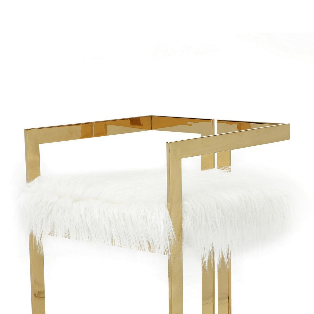 Suki 30 Inch Barstool Chair White Faux Fur Seat Stainless Steel Gold By Casagear Home BM317094