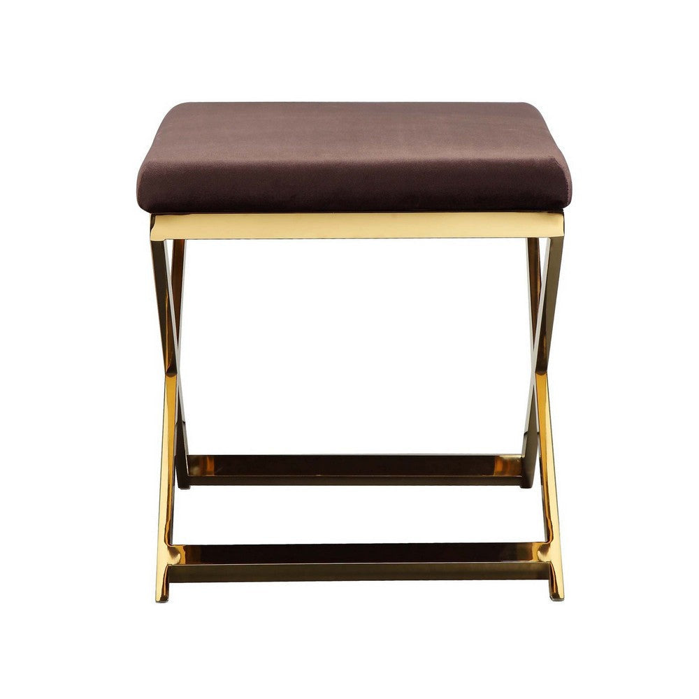 Sovi 20 Inch Ottoman Stool Chocolate Brown Velvet Stainless Steel Gold By Casagear Home BM317098